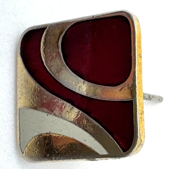 Samuel Huang Cloisonné Vintage Earrings 7/8" Red Gold Gray Enamel Square Stud - Picture 5 of 8